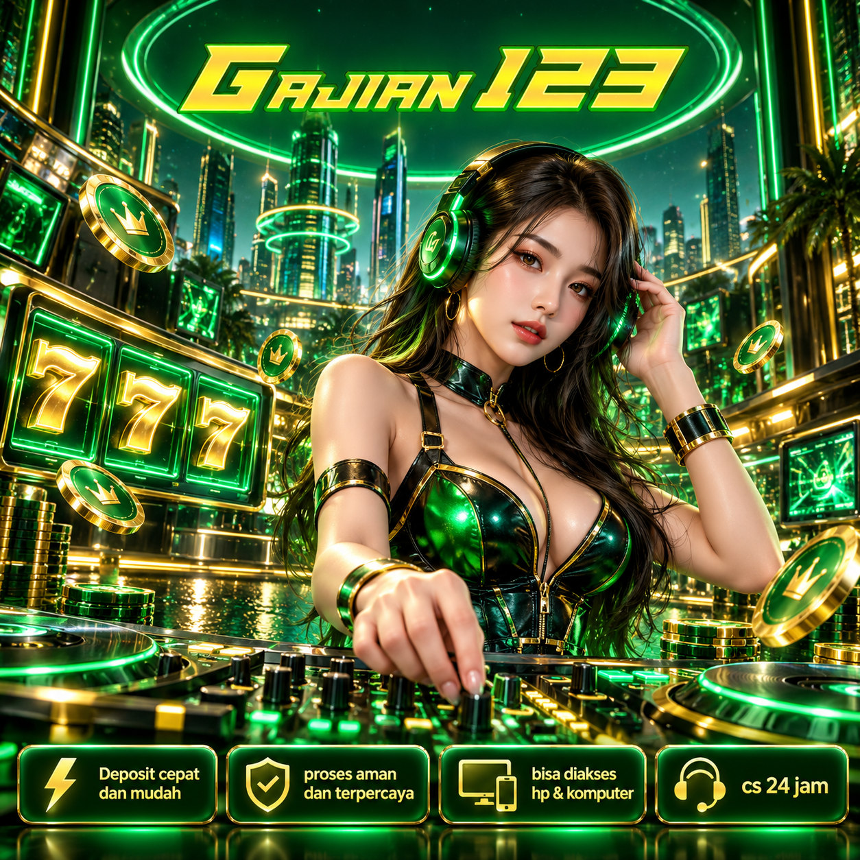 GAJIAN123 bertema DJ futuristik dengan cahaya hijau